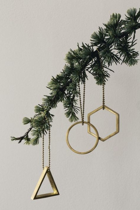 brass ornaments by Ferm Living Modern Jul, Brass Ornament, Štědrý Den, Geometric Trees, Brass Pendants, Christmas Tree Branches, Modern Christmas Tree, Contemporary Christmas, Christmas Tree Design