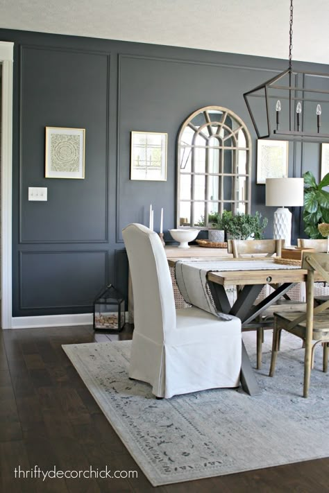 Large Accent Wall Dining Room, Dining Room Accent Wall With Mirror, Wood Trim Accent Wall Dining Room, Crown Molding In Dining Room, Accent Wall With Moulding, Molding Feature Wall, Dinning Room Wall Trim Ideas, Dining Room Dark Accent Wall, Paneled Dining Room Wall