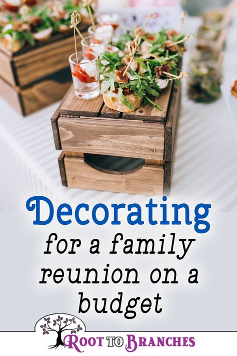 Family Reunions- Decorating for a family reunion on a budget Family Gathering Decorations, Family Reunion Table Centerpiece Ideas, Family Reunion Backdrop Design, Themes For Family Reunions, Family Reunion Centerpieces Diy, Family Reunion Centerpiece Ideas Table Decorations, Family Reunion Decorations Centerpieces, Family Reunion Table Decorations, Family Reunion Table Centerpieces