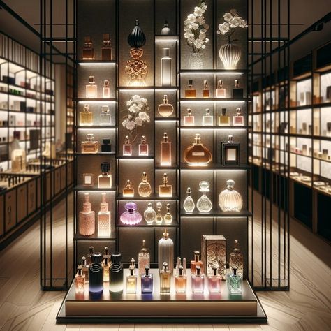 20 Perfume Display Ideas for a Fragrant Showcase Home Perfume Display, Parfume Shelves Ideas, Perfume Room Decor, Perfume Shop Interior Design Ideas, Parfum Opbergen Ideas, Small Perfume Shop Interior Design, Perfume Store Design, Bottle Display Ideas, Perfume Store Interior Design