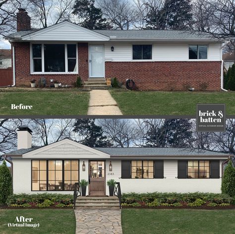 What's the Difference Between Muntin vs. Mullion? | brick&batten Painted Brick Houses, Paint Brick, Renovation Facade, Brick Houses, Architecture Renovation, Painted Brick House, Ranch House Exterior, House Makeovers, Exterior House Remodel