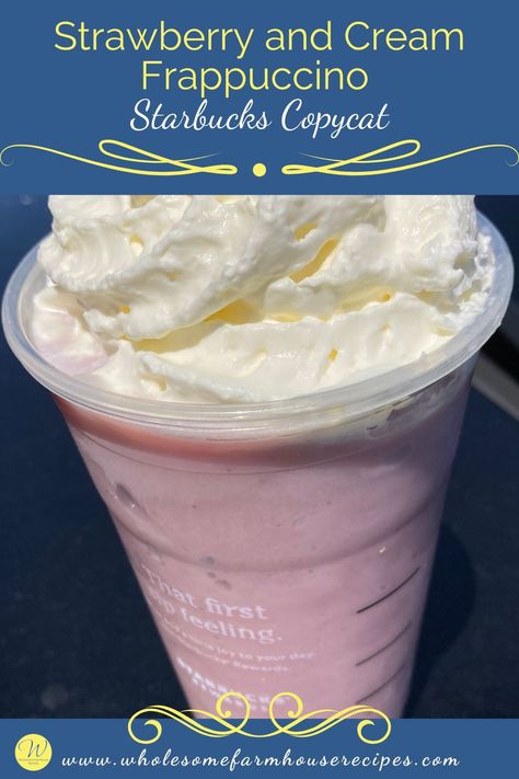 Strawberry and Cream Frappuccino Starbucks Copycat Strawberry And Cream Frappuccino, Strawberry Frappuccino Recipe, Starbucks Strawberry Frappuccino, Strawberries And Cream Recipe, Summer Party Food Ideas, Strawberry Frappuccino, Starbucks Copycat Recipes Drinks, Copycat Drinks, Summer Party Food