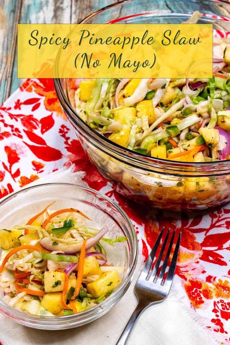 Spicy Pineapple Slaw (No Mayo) -The Night Owl Chef Slaw No Mayo, Slaw For Tacos, Braised Pulled Pork, No Mayo Coleslaw, Pineapple Slaw, Spicy Slaw, Pineapple Coleslaw, Spicy Coleslaw, Jackfruit Pulled Pork