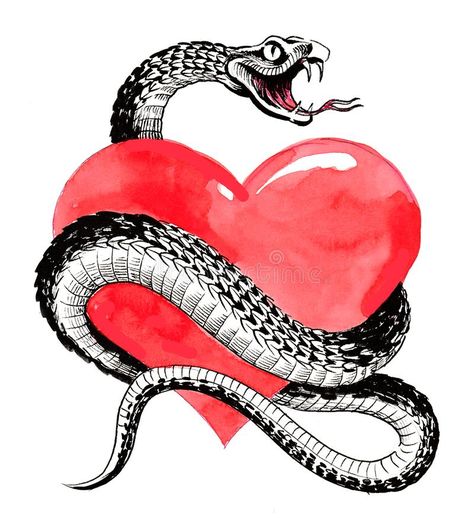 Heart and snake. Ink and watercolor illustration of a poisonous snake around red #Sponsored , #AFFILIATE, #affiliate, #snake, #poisonous, #red, #Ink Snake Wrapped Around Heart, Chain Sticker, Snake Tshirt, Snake Vector, Heart Meaning, Snake Poster, Snake Heart, Tattoos Behind Ear, Snake Illustration