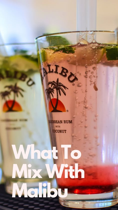 What To Mix With Malibu Easy Mixed Drinks With Malibu Rum, Martini With Malibu Rum, Mio Alcohol Drinks, Malibu Sangria Recipes, Malibu Pineapple Rum Drinks, Simple Drinks With Malibu Rum, Malibu Cranberry Drinks, Malibu And Sprite Drinks, Drinks With Malibu Coconut Rum