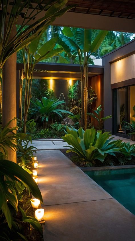 Discover stunning tropical landscape design ideas for a modern and unique Balinese garden From plans to backyard ideas front yard entrances styles and more find inspiration for your front and backyard spaces whether small full sun minimalist or lush Tropical Landscape Ideas, Private Backyard Oasis, Sun Minimalist, Lush Backyard, Serene Spaces, Balinese Garden, Tropical Landscape Design, Tropical Garden Ideas, Tropical Garden Design