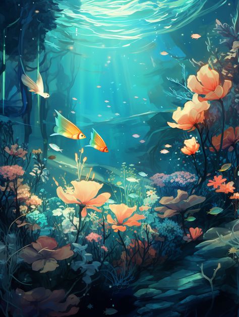 Underwater Garden Art, Fantasy Underwater Art, Underwater Illustration Art, Underwater Art Illustration, Underwater World Illustration, Underwater World Art, Under Water Art, Flowers Underwater, Aquarium Drawing