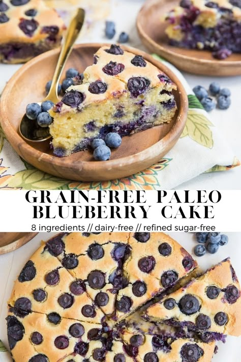 Paleo Blueberry Cake (With Low-Carb Option) - Grain-Free Paleo Blueberry Cake made dairy-free and refined sugar-free. This delicious blueberry delight couldn’t be easier to make! Gluten Free Blueberry Recipes, Healthy Blueberry Desserts, Paleo Blueberry Muffins, Healthy Blueberry Cake, Paleo Breads, Blueberry Delight, Muffins Paleo, Paleo Cake, Blueberry Breakfast Cake