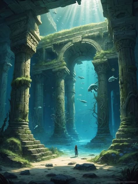 Underwater Ruins Fantasy Art, Atlantis Ruins, Ruins Painting, Underwater Temple, Deep Sea Diver Art, Endless Library, Alternate Dimension, Underwater Ruins, The Deep Ocean