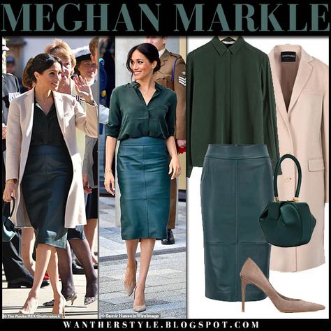 Meghan Markle in green leather pencil skirt, green shirt and beige coat #royalfamily #royals #fashion #style #duchess #outfit Green Leather Skirt Outfit, Green Pencil Skirt Outfit, Green Leather Pencil Skirt, Green Shirt Outfit, Estilo Meghan Markle, Pencil Skirt Tutorial, Pencil Skirt Diy, Green Leather Skirt, Meghan Style