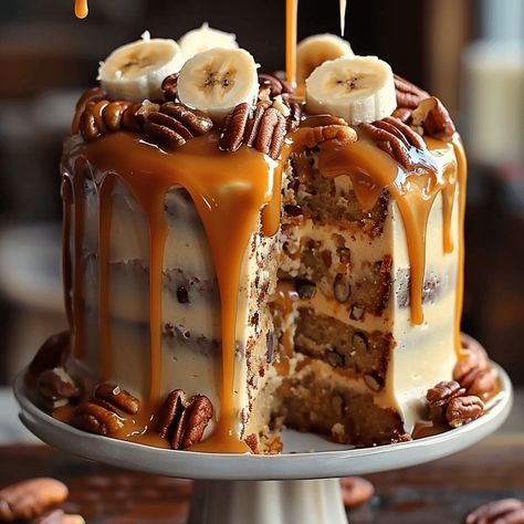 Banana Pecan Caramel Layer Cake is a decadent dessert that combines the rich flavors of ripe bananas, toasted pecans, and luscious caramel. This cake is perfect for any special occasion, ... Learn more Heavenly Banana Walnut Cream Cake, Pecan Layer Cake, Caramel Banana Cake, Caramel Layer Cake, Carmel Cake, Cake With Caramel, Banana Walnut, Banana Cake Recipe, Homemade Caramel Sauce