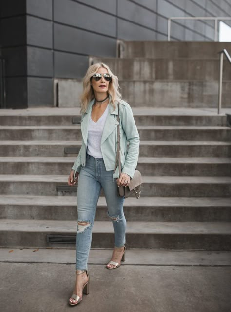 THE PERFECT SPRING MOTO WITH NORDSTROM Green Moto Jacket Outfit, Mint Blazer Outfit, Green Leather Jacket Outfit, Mint Green Outfits, Green Jacket Outfit, Mint Green Blazer, Mint Green Jacket, Green Moto Jacket, Mint Jacket