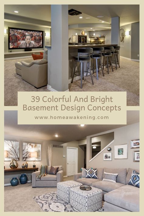 Coastal Basement, Big Basement, Colorful Basement, Small Basement Design, Small Basement Apartments, Finished Basement Designs, Small Basement Remodel, Basement Remodel Ideas, Basement Designs