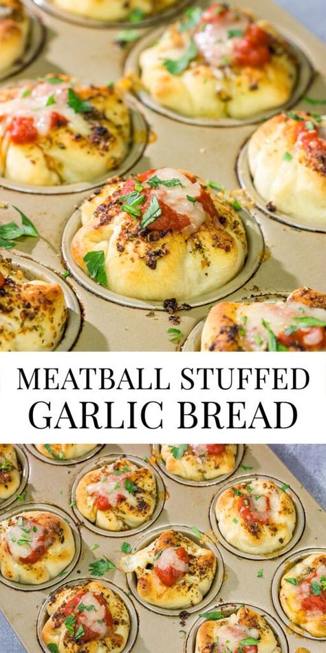 Meatball Stuffed Garlic Bread | Baked in a muffin tin! Fun To Cook Dinner Recipes, Meatball Muffin Cup, Mini Meatball Sandwiches Muffin Tin, Jw Convention Lunches, Garlic Ground Beef Recipes, Muffin Tin Meatballs, Meatball Muffin Tin Recipe, Meatball Stuffed Garlic Knots, Meatball Pull Apart Bread