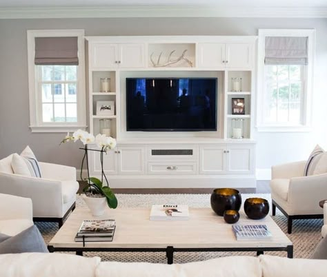 Entertainment Center With Windows, Tv Between Two Windows Living Rooms, Built In Tv Cabinet, Budget Friendly Living Room, Living Room Nook, Basement Suite, Dream House Living Room, Media Cabinets, Meja Tv