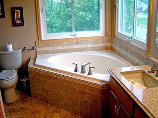 75 Corner Bathtub Ideas You'll Love - July, 2024 | Houzz Jacuzzi Bathtub Master Bath, Corner Tub Update, Bathrooms With Corner Baths, Replacing Corner Tub Master Bath, Bathroom With Corner Windows, Mobile Home Corner Tub Makeover, Tub In Corner Of Bathroom, Corner Soaker Tub Ideas, Replace Corner Tub With Shower Walk In