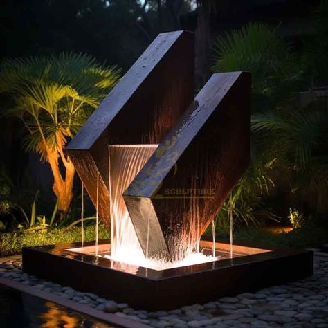 Modern outdoor geometric metal fountain sculpture for garden DZ-395 Modern Garden Sculpture Outdoor, Modern Outdoor Fountain Ideas, Outdoor Metal Sculpture, Modern Fountains Outdoor, Pool Statues, Modern Fountain Design, Pool Waterfall Landscaping, Contemporary Fountain, Garden Art Sculptures Statues