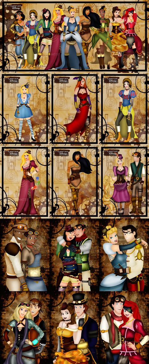 Steam Punk Princess (found images on web by searching steam punk Disney) Disney Princess Steampunk, Steampunk Disney, Punk Disney Characters, Steampunk Disney Princesses, Punk Disney Princess, Twisted Disney Princesses, Disney Punk, Alternative Disney Princesses, Punk Disney Princesses