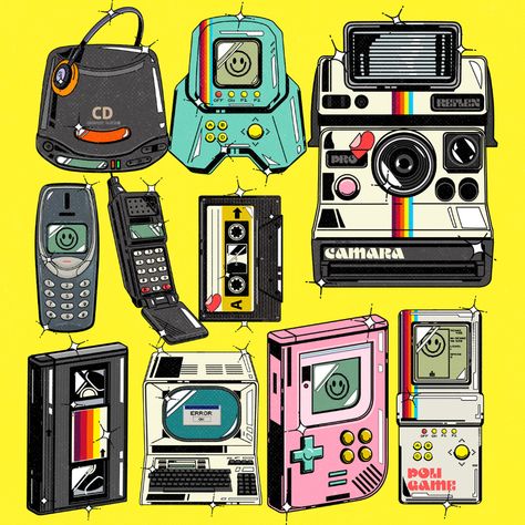 90s AESTHETIC on Behance 90s Graphic Design, Tech Aesthetic, Retro Gaming Art, 90s Design, Retro Gadgets, City Pop, Vaporwave Aesthetic, Pinturas Disney, 90s Aesthetic