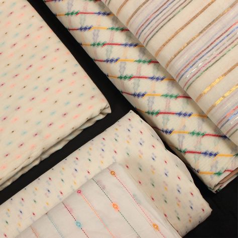 The cotton dobby butta & lurex stripes texture woven into fabric in multicolored hues. These multicolour dobby fabrics are used for soft furnishing and dresses.  Fabric codes: 4531419, 4453719, 4201419, 4776919, 4388019. Dobby Fabric, Dobby Weave, Cotton Saree Designs, Handloom Fabric, Golden Design, Dress Suits For Men, Tie Dye Diy, Textile Pattern Design, Wallpaper Abstract