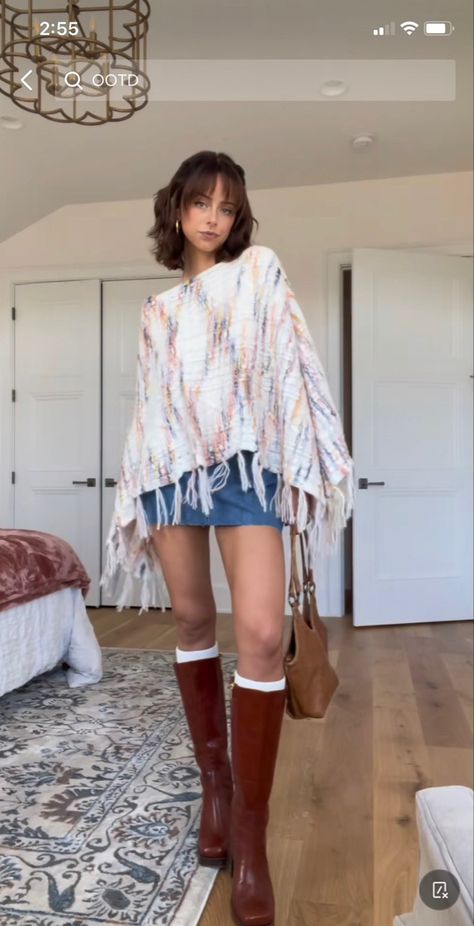 Long Skirt Chunky Sweater, Red Brown Boots Outfit, Styling Poncho Outfit, Denim Skirt Tall Boots Outfit, Talk Brown Boots Outfit, Outfit With Poncho, Poncho Skirt Outfit, Dressed Up Fall Outfits, Styling A Poncho Outfit