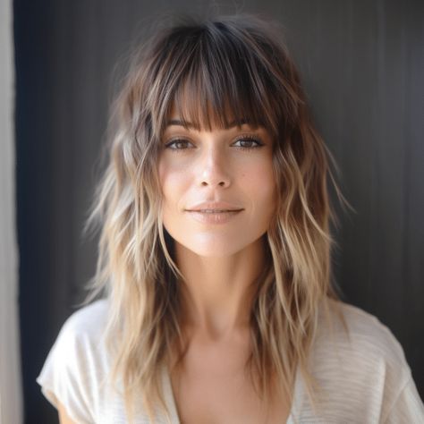 87 Layered Haircuts and Hairstyles for Long Hair Shaggy Long Haircuts With Bangs, Fringe With Balayage, Long Shaggy Layers With Bangs, Lived In Layers Hair, Edgy Layered Hair Long, Shaggy Hair With Fringe, Shaggy Fringe Bangs, Edgy Bangs With Medium Hair, Long Hair For 40 Year Old Women