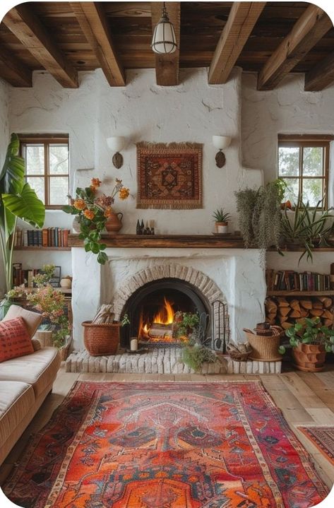 Southwest Bohemian Living Room, New Mexico Home Interior, Eclectic Spanish Interior, Spanish Style Living Room Decor Mexican Hacienda, Mexican Hacienda Living Room, Pueblo Style Homes Interior, Spanish Cottage Interiors, Southwest Cottagecore, Santa Fe Style Homes Interiors