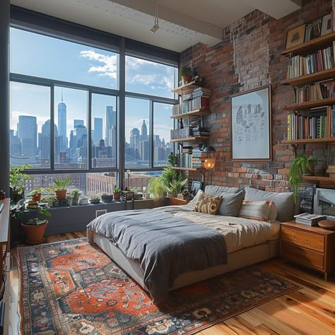 Image tagged with rustic, brick – @imintheleaves on Tumblr Exposed Brick Bedroom Aesthetic, Invest Aesthetic, New York Apartment Bedroom, Airbnb Room Ideas, Budget Interior Ideas, Airbnb Ideas Interior Design, New York Apartment Interior, Loft Apartment Aesthetic, New York Interior Design