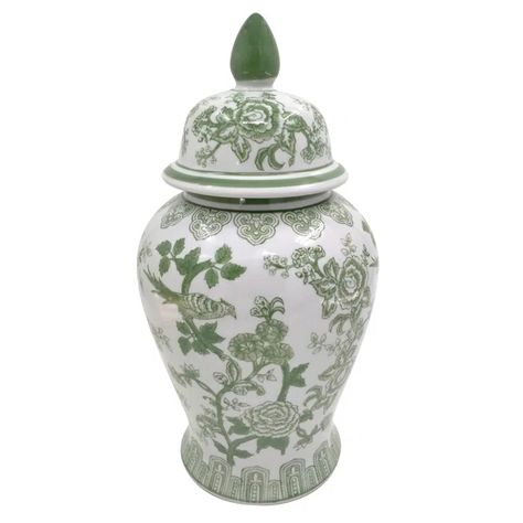 Breigha Temple Jar with Lid - Ceramic Green and White Floral Chinoiserie Decorative Stoneware for Home, Office, Gift Idea Green Ginger Jars, Guess Room, Floral Chinoiserie, Lid Ceramic, Sunset House, Green Chinoiserie, Mantle Shelf, Temple Jar, Farmhouse Pendant Lighting