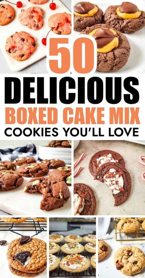 Looking for a fun and easy way to elevate your baking? My list of 50+ Cake Mix Cookies is packed with creative ideas using boxed cake mixes you already love! Find endless inspiration for making delicious box cookies, from chocolate cake mix cookies to other irresistible recipes using cake mix. Save this pin to your Cake Mix Desserts board so you can always have these amazing boxed cake mix recipes at your fingertips! Boxed Dessert Ideas, Box Of Cake Mix Recipes, 3 Ingredient Cookies Cake Mix Boxes, Cookies From Cake Mix 3 Ingredients, Uses For Cake Mixes, Cookies Made Out Of Cake Mix Boxes, Cake Box Cookie Recipes, Thick Cake Mix Cookies, Cookie Bars From Cake Mix Recipes