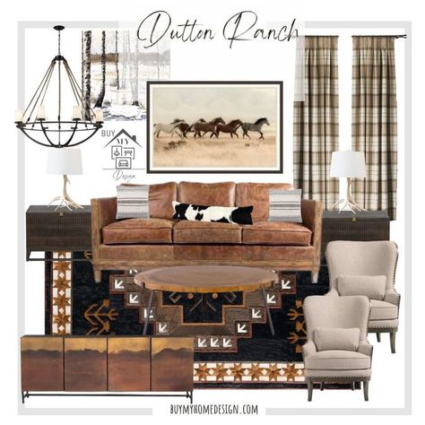 We are all awaiting the return of Yellowstone. This is the Dutton Ranch Living Room, reimagined in what I'm calling "Modern Ranch House". I love the mix of traditional "ranch or western" style with modern updates. Shop the collection Montana Inspired Living Room, Transitional Western Living Room, Living Room Western Modern, Traditional Western Living Room, Yellowstone Lodge Interior, Traditional Ranch Interior Design, Dining Room Western, Lodge Inspired Living Room, Ranch Design Interior