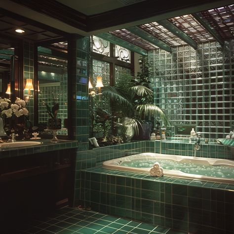 70s/80s House Interior, 80s Art Deco Bathroom, 1980s Home Aesthetic, 1980s Bathroom Aesthetic, 80s Aesthetic Bathroom, 80s Interior Design Bathroom, Green Tub Tile, 80s House Aesthetic Interior, 70 House Interior