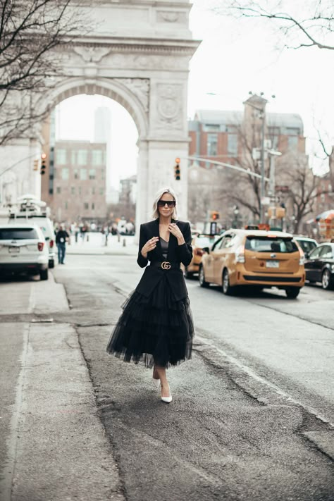 How to Style a Tulle Skirt Tutu Long Skirt Outfits, Black Tulle Skirt Photoshoot, Tulle Skirt Work Outfit, Tulle Skirt With Blazer Outfits, Tulle Midi Skirt Outfit Winter, Tulle Skirt Outfit 2023, Tulle Long Skirt Outfit, How To Wear Tulle Skirt, Navy Tulle Skirt Outfit