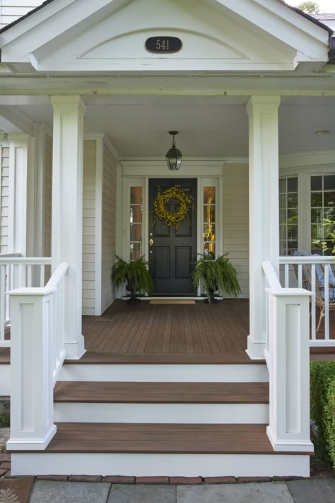 Transform your porch into a showstopper with our tongue-in-groove porch boards. It's easier than ever to boost your home's resale value while creating a welcoming space. Decking Color: Mahogany Wood Porches Ideas, Paint Front Porch Wood, Tongue And Groove Front Porch, Front Porch Decking, Wood Front Porch Ideas, Wood Porch Ideas, Front Porch With Steps, Front Porch Floor Ideas, Wooden Porch Ideas