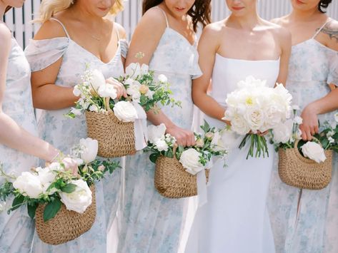 Trend Alert! Bridesmaid Basket Bouquets | OneFabDay.com Bridesmaid Basket, Blue Blush Wedding, Bridesmaid Bouquet Alternatives, Romantic Garden Party, Bridesmaid Baskets, Alternative Bridesmaid, Basket Bouquet, Bridesmaid Purses, Bouquet Alternative