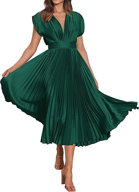 MASCOMODA Elegant Satin V Neck Pleated Midi Dress Short Sleeve Formal High Waisted Flowy Long Summer Dresses for Women 2023 (Dark Green, XX-Large) at Amazon Women’s Clothing store Green Satin Dress Short, Pleated Dress Midi, Elegant Green Dresses, Satin Dress Short, Two Color Hair, Midi Dress Short Sleeve, Long Flowy Dress, Green Satin Dress, Theme Dress