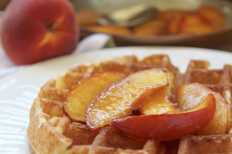 Christina's Peach Crostada Recipes, Quick Peach Breakfast, Peach Waffle Topping, Peach Cobbler Pancake Batter, Peach Topping For Pancakes, Overnight Waffles, Best Peach Pie Recipe, Peach Topping, Peach Custard Pies