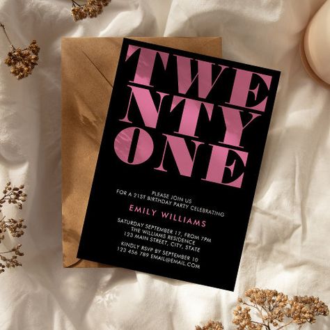 $2.93 | Modern Elegant Black and Pink Bold 21st Birthday - 21st birthday, modern, elegant, twenty one, bold typography, trendy stylish, contemporary, unique, 21st birthday invitation, pink black Black And Pink Birthday Invitations, Black And Pink Theme Party, Black And Pink Invitation, Pink And Black Party Theme, Orange Invitation, Unique Birthday Invitations, 21st Ideas, Typography Invitation, Pink Party Theme