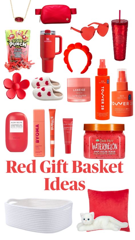 The perfect gift basket for a Swifty, who loves Taylor Swift’s album, red Girls Gift Basket Ideas, Red Gift Basket, Homade Christmas Gifts, Cute Gift Basket Ideas, College Gift Baskets, Christmas Basket Ideas, Birthday Baskets, Theme Baskets, Making A Gift Basket