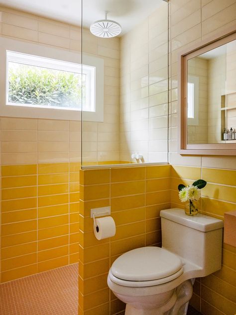 Yellow Tile Bathroom, Midcentury Modern Bathroom, Mini Bad, Tub Enclosures, Pony Wall, Mid Century Modern Bathroom, Mid Century Bathroom, Yellow Tile, Yellow Bathrooms