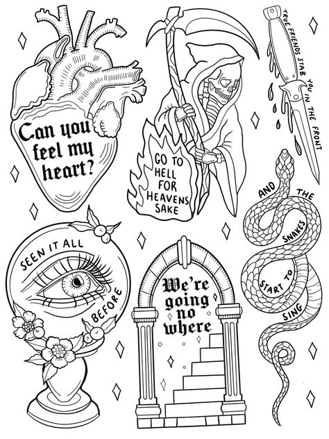 Bring Me The Horizon Flash Tattoo, Flash Tattoo Bmth, Emo Flash Tattoo, Flash Tattoo Designs Ideas, Tattoo Outline Designs, Spooky Tattoo Flash, Cool Flash Tattoos, Tattoo Ideas Witchy, Spooky Flash Tattoo