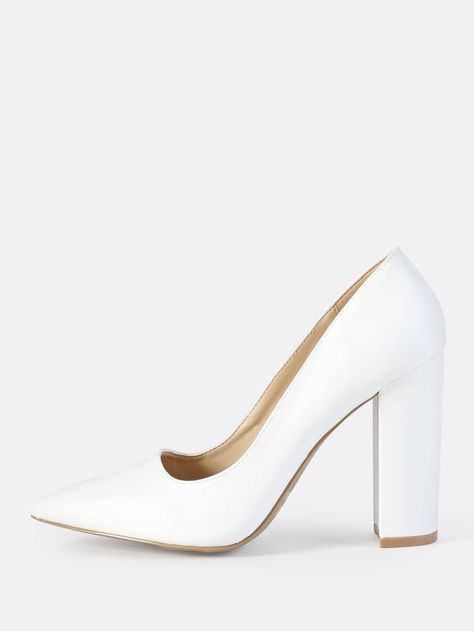 Faux Leather Closed Toe Chunky Heel WHITE | SHEIN USA White Wedding Shoes Brides Heels, Brides Heels, Gold Heels Prom, Wedding Shoes Brides, White High Heel Shoes, Medium Heel Shoes, Hak Tinggi, Heels Prom, Trendy Heels