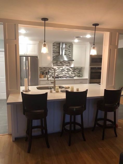 Kitchen Island With Pillars Columns, Column Island Kitchen, Kitchen Remodel With Support Beam, Half Wall Kitchen Bar, Kitchen Island With Pole In Middle, Pillars In Kitchen, Kitchen Island With Column Support, Kitchen With Posts, Island With Post Support