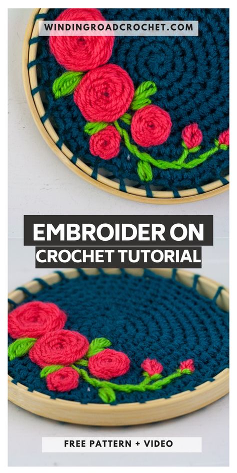 Learn how to make embroidery crochet rose wall hanging. You will be using your crochet skills and follow the video tutorial to learn to embroider. Embroider On Crochet, Embroider Crochet, Embroidery On Crochet, Learn To Embroider, Winding Road Crochet, Crochet House, Crochet Wall Hanging, Crochet Beads, Crochet Wall Art