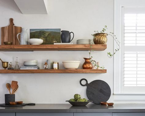 The Glen Oak Shelves Kitchen, Floating Shelf Decor Ideas, Kitchen Floating Shelf, Kitchen Floating Shelves Decor, Kitchen Vision Board, Shelf Decor Ideas, Top Kitchen Trends, Kitchen Floating Shelves, Floating Shelf Decor