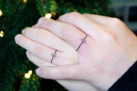 Minimalist Ring Tattoo, Matching Ring Finger Tattoos, Sun Ring Tattoo, Ring Tattoo Couple, Matching Ring Tattoos Marriage, Simple Ring Tattoo, Tattoo Wedding Rings For Women Simple, Ring Finger Tattoo For Women Wedding, Finger Tattoos Couples