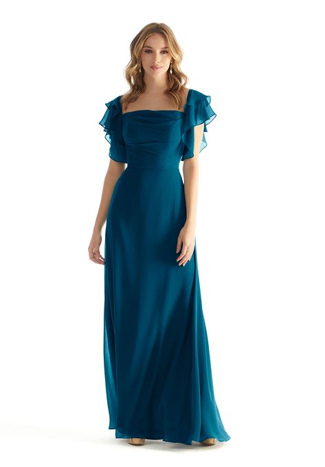 Chiffon Bridesmaid Dress with Straight Neckline and Ruffle Sleeves Ruffled Sleeves, Chiffon Bridesmaid Dress, Chiffon Bridesmaid, Fitted Bodice, Dream Dress, A Line Skirts, Bodice, Gowns Dresses, Chiffon