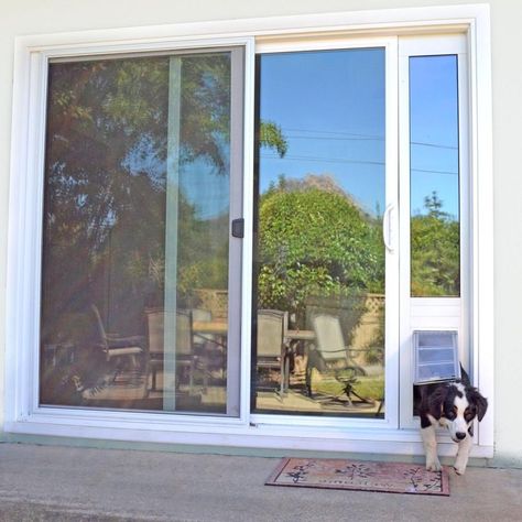 Installing a pet door in a glass door can seem tedious and challenging. Follow these easy steps and learn how to install a doggie door in a sliding glass door! Balcony Door Design, Sliding Glass Dog Door, Pet Patio Door, Pet Screen Door, Patio Screen Door, Front Door Inspiration, Sliding Patio Door, Glass Door Design, Sliding Glass Doors Patio