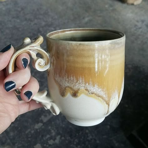 Check out how to make this mug on my YouTube channel! Link in my bio. #kaiceramics Ceramic Mug Handles Ideas, Ceramic Mug Handles, Creative Mug Handles, Cool Mug Handles Pottery, Mug Handles Pottery, Clay Mugs With Cool Handles, Mug Handles, Unique Ceramic Mug Handles, Mug Handle