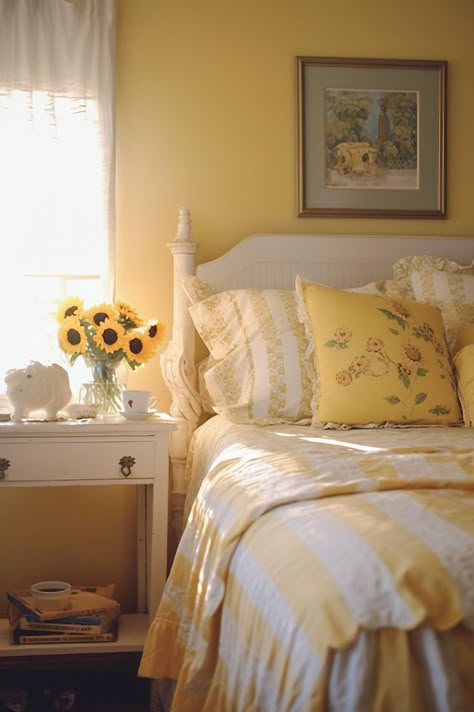 Aesthetic Room With Yellow Walls, Room Ideas For Yellow Walls, Yellow White Room Aesthetic, Yellow Walls Aesthetic, Yellow Walled Bedroom, Yellow Girl Bedroom, Rustic Yellow Bedroom, Yellow Bedroom Inspirations, Sunflower Bedroom Aesthetic